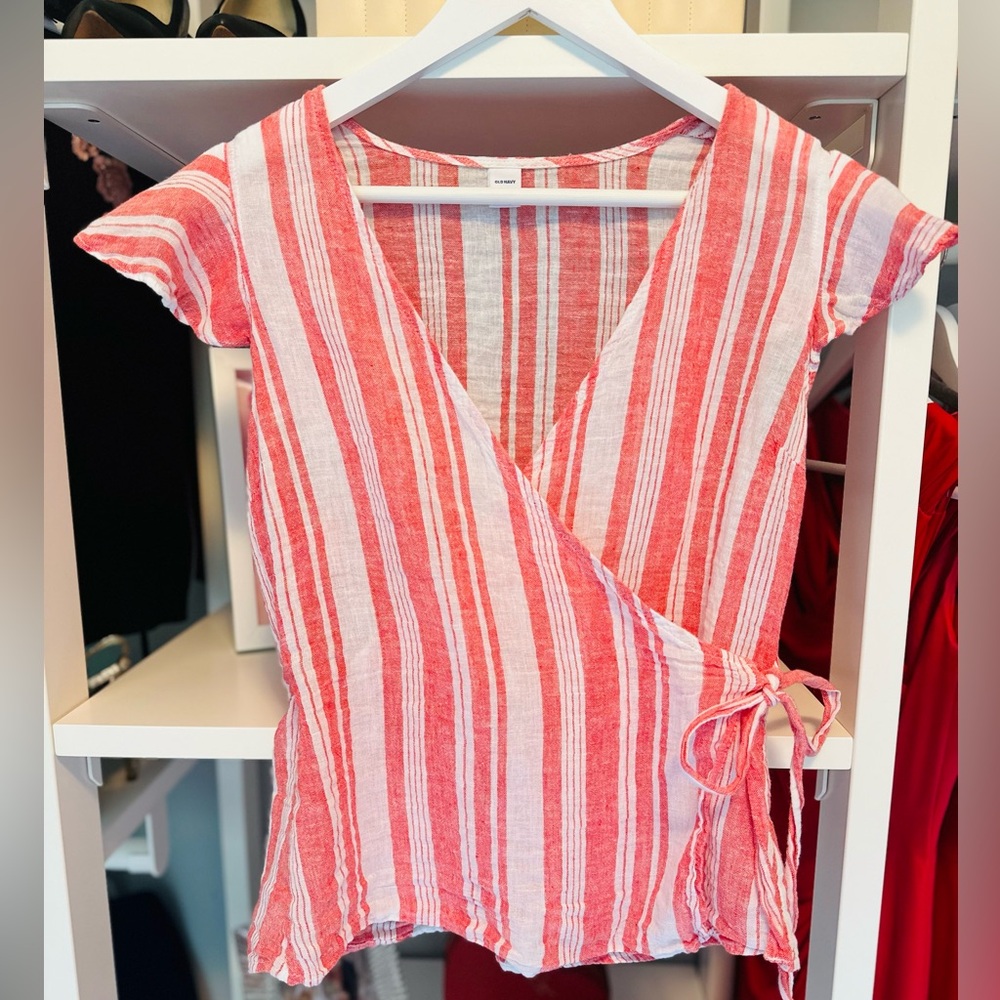 ⭐️ 5/$25 Linen Cotton Blend Striped Wrap Top with Flutter Sleeves